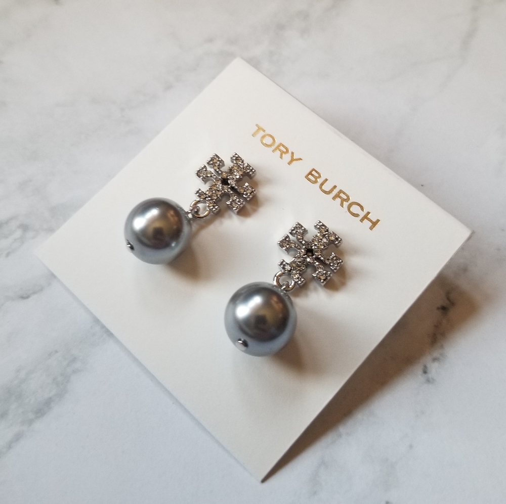 Tory Burch Logo Pearl Crystal Silver Drop Earrings